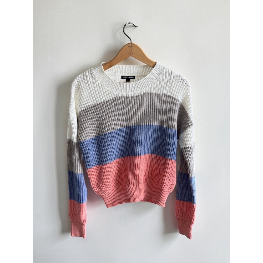 Fashion Nova Small Colorblock Striped Ribbed Knit Crewneck Sweater Pink Blue